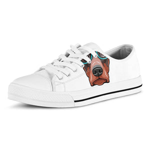 Dobermann With Glasses Print White Low Top Shoes