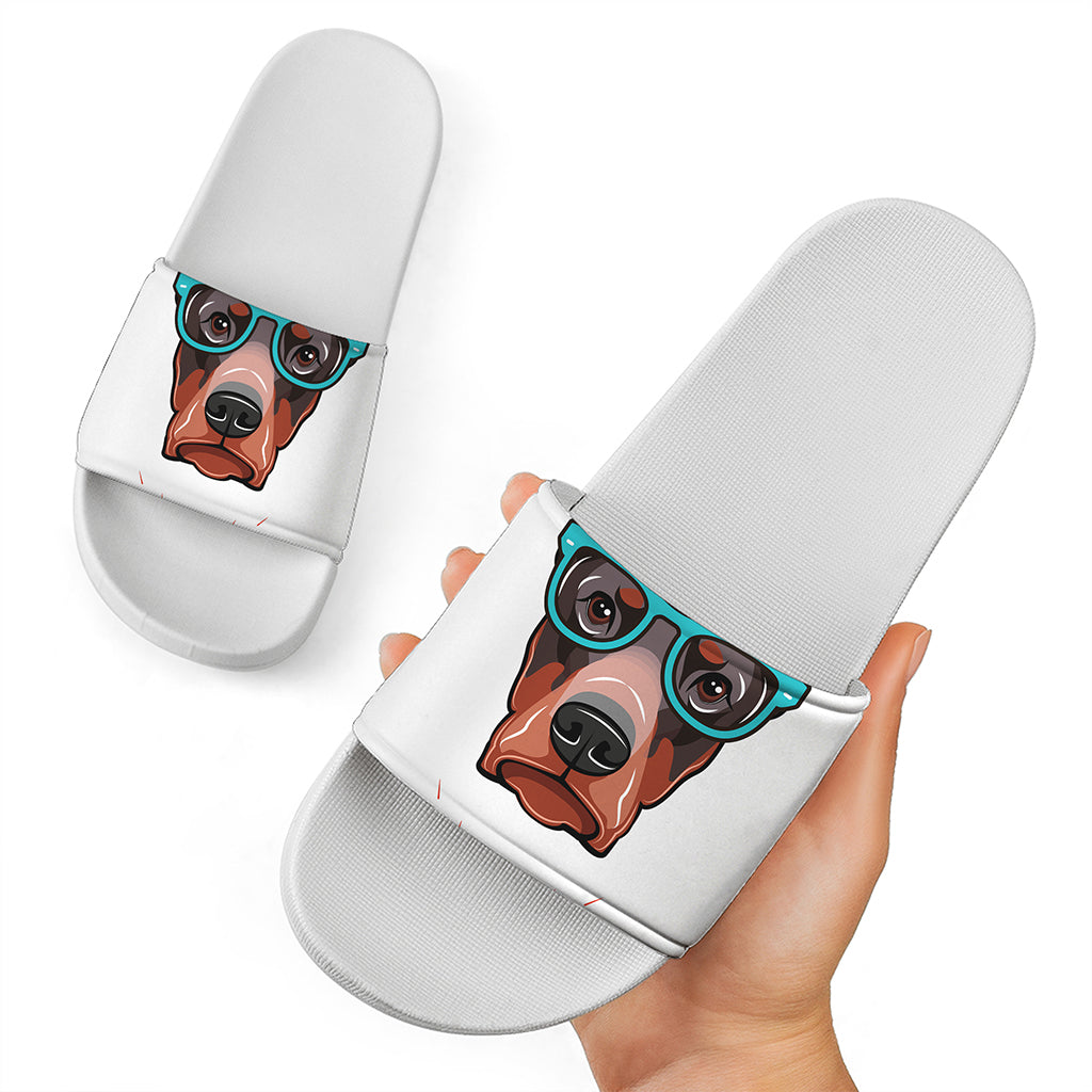 Dobermann With Glasses Print White Slide Sandals