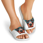 Dobermann With Glasses Print White Slide Sandals