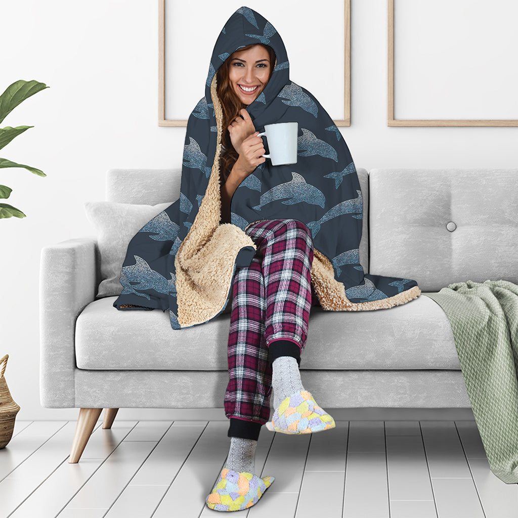Dolphin Dot Pattern Print Hooded Blanket