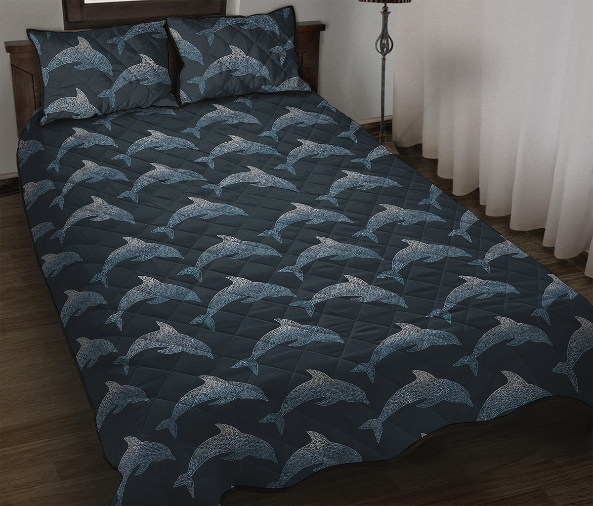 Dolphin Dot Pattern Print Quilt Bed Set