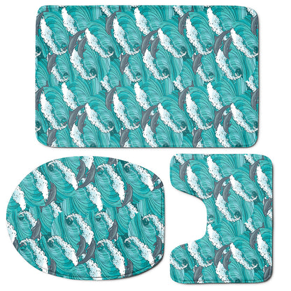 Dolphin Riding Waves Pattern Print 3 Piece Bath Mat Set
