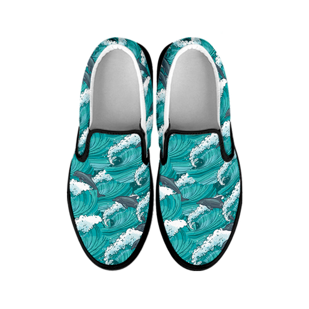 Dolphin Riding Waves Pattern Print Black Slip On Shoes