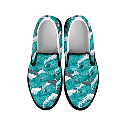 Dolphin Riding Waves Pattern Print Black Slip On Shoes