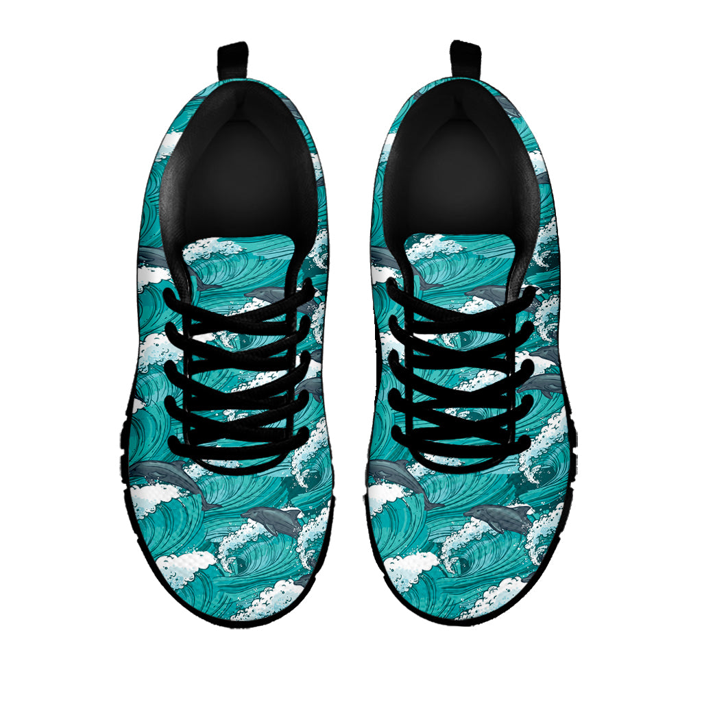 Dolphin Riding Waves Pattern Print Black Sneakers