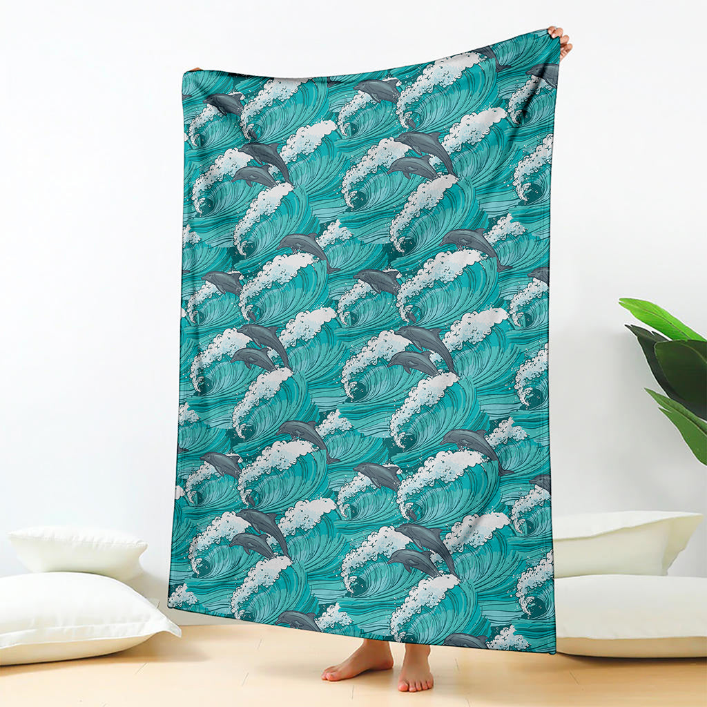 Dolphin Riding Waves Pattern Print Blanket