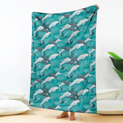 Dolphin Riding Waves Pattern Print Blanket