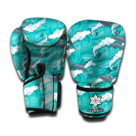 Dolphin Riding Waves Pattern Print Boxing Gloves