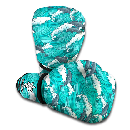 Dolphin Riding Waves Pattern Print Boxing Gloves