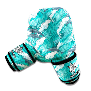 Dolphin Riding Waves Pattern Print Boxing Gloves