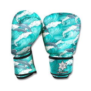 Dolphin Riding Waves Pattern Print Boxing Gloves