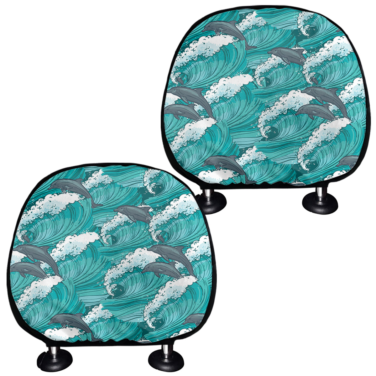 Dolphin Riding Waves Pattern Print Car Headrest Covers