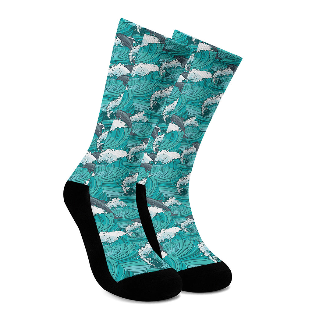 Dolphin Riding Waves Pattern Print Crew Socks