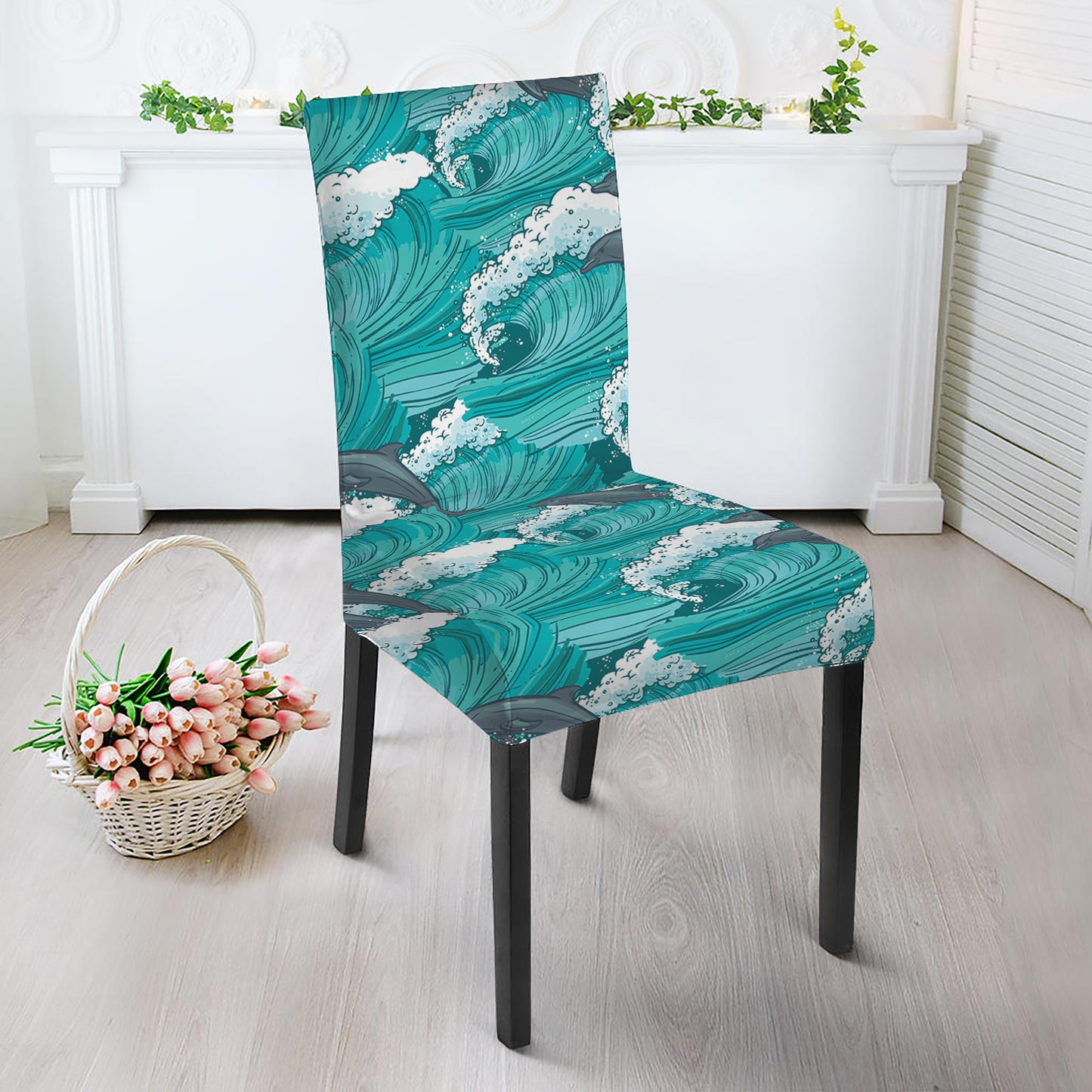 Dolphin Riding Waves Pattern Print Dining Chair Slipcover