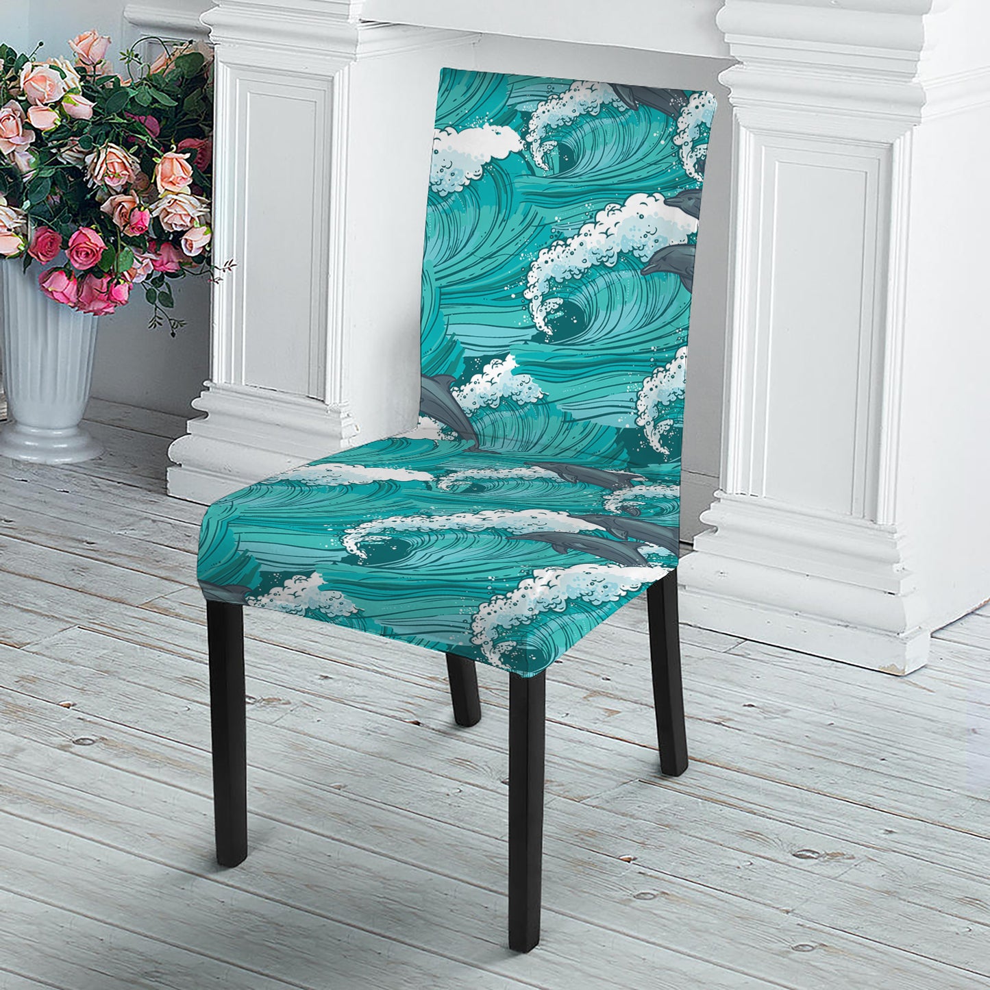 Dolphin Riding Waves Pattern Print Dining Chair Slipcover