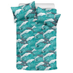 Dolphin Riding Waves Pattern Print Duvet Cover Bedding Set