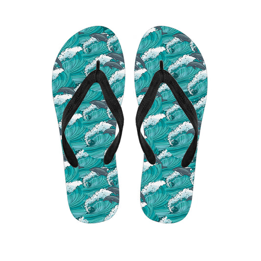 Dolphin Riding Waves Pattern Print Flip Flops