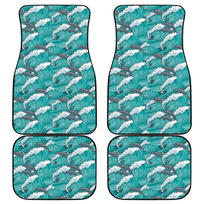 Dolphin Riding Waves Pattern Print Front and Back Car Floor Mats