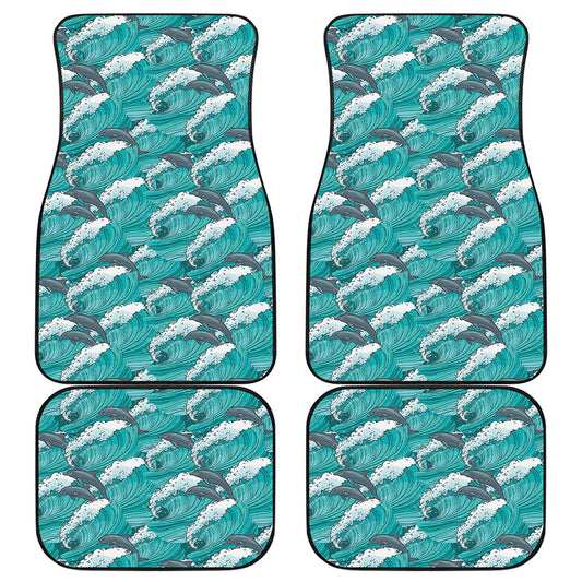 Dolphin Riding Waves Pattern Print Front and Back Car Floor Mats