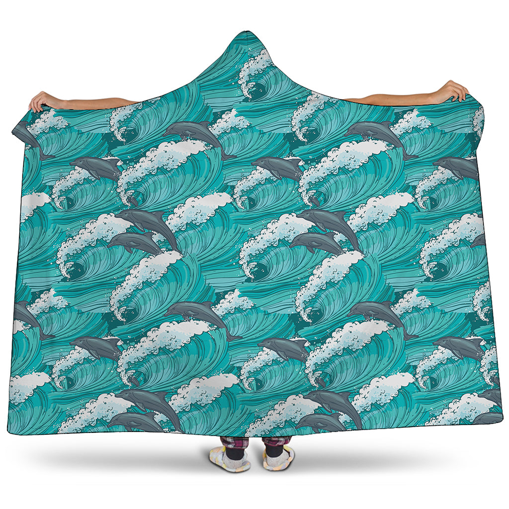 Dolphin Riding Waves Pattern Print Hooded Blanket