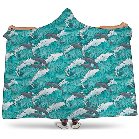 Dolphin Riding Waves Pattern Print Hooded Blanket