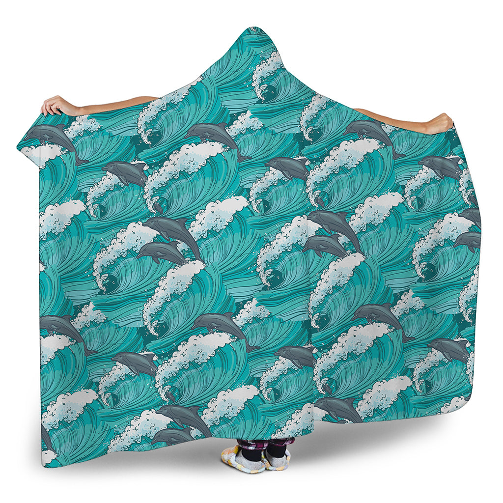 Dolphin Riding Waves Pattern Print Hooded Blanket