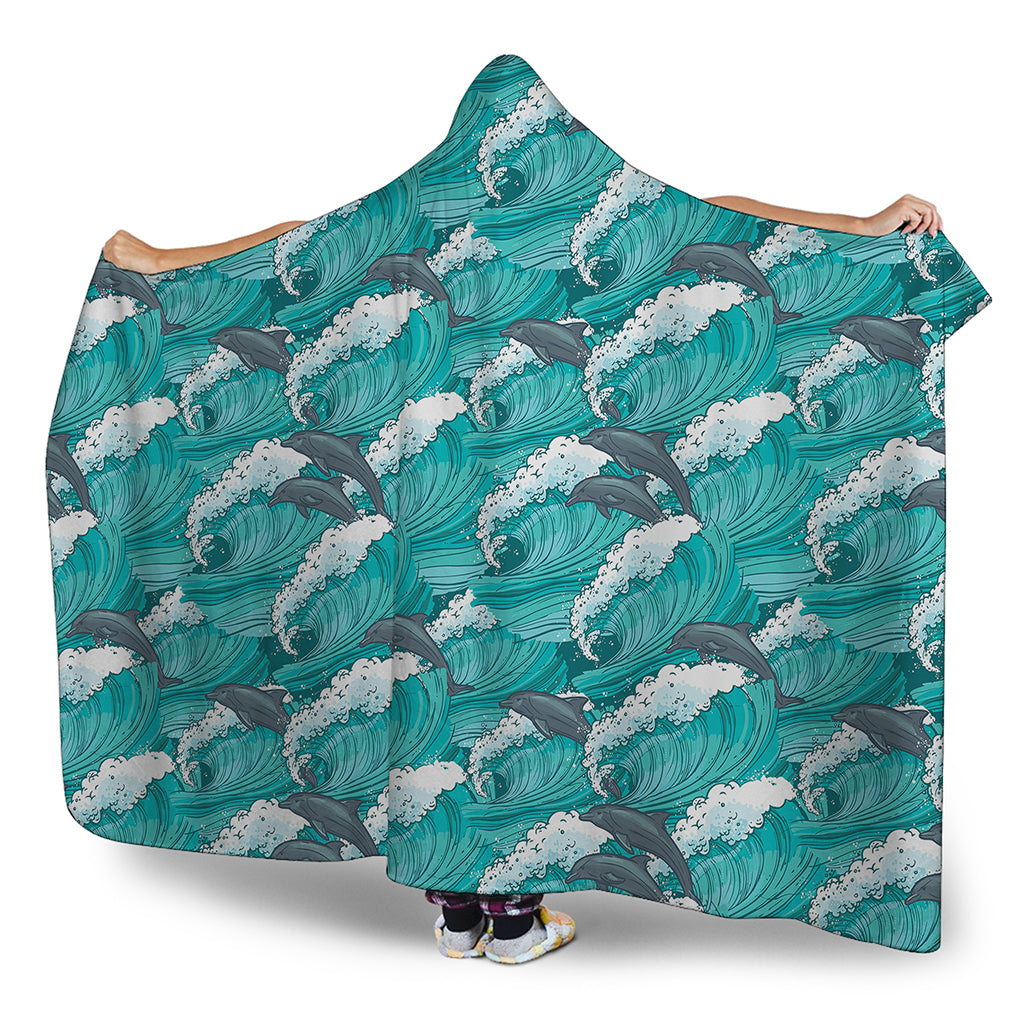 Dolphin Riding Waves Pattern Print Hooded Blanket