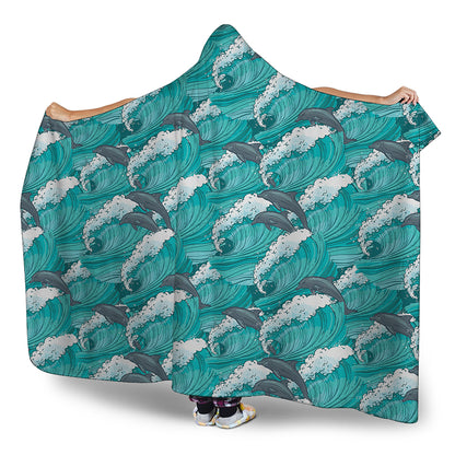 Dolphin Riding Waves Pattern Print Hooded Blanket