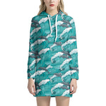 Dolphin Riding Waves Pattern Print Hoodie Dress