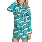 Dolphin Riding Waves Pattern Print Hoodie Dress