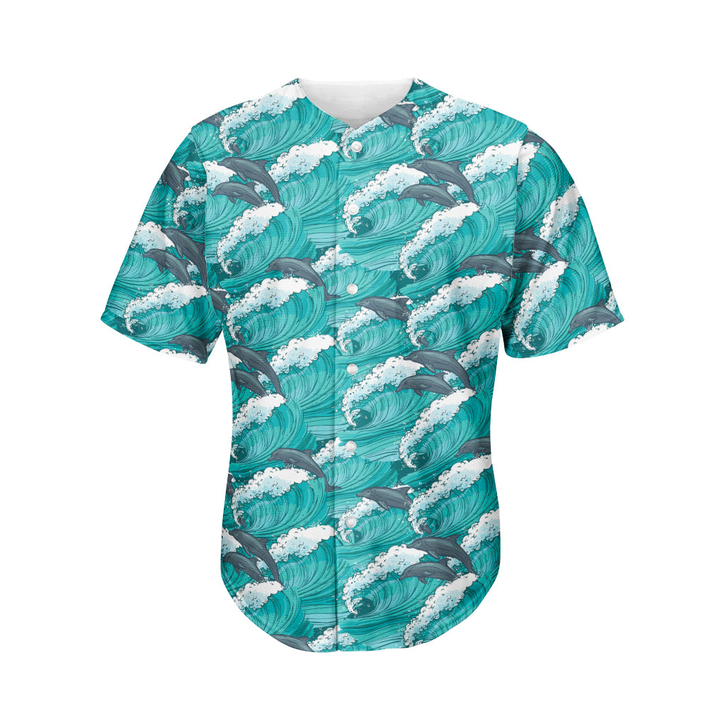 Dolphin Riding Waves Pattern Print Men's Baseball Jersey