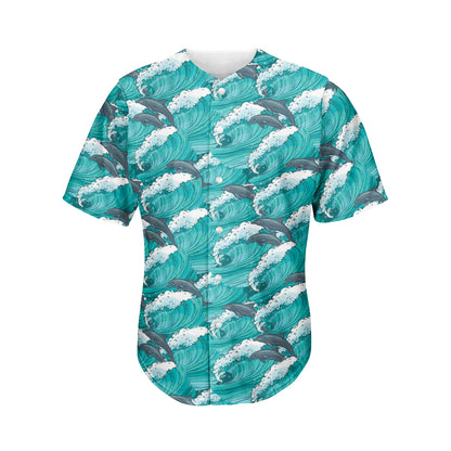 Dolphin Riding Waves Pattern Print Men's Baseball Jersey