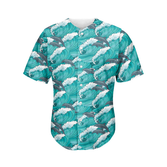 Dolphin Riding Waves Pattern Print Men's Baseball Jersey