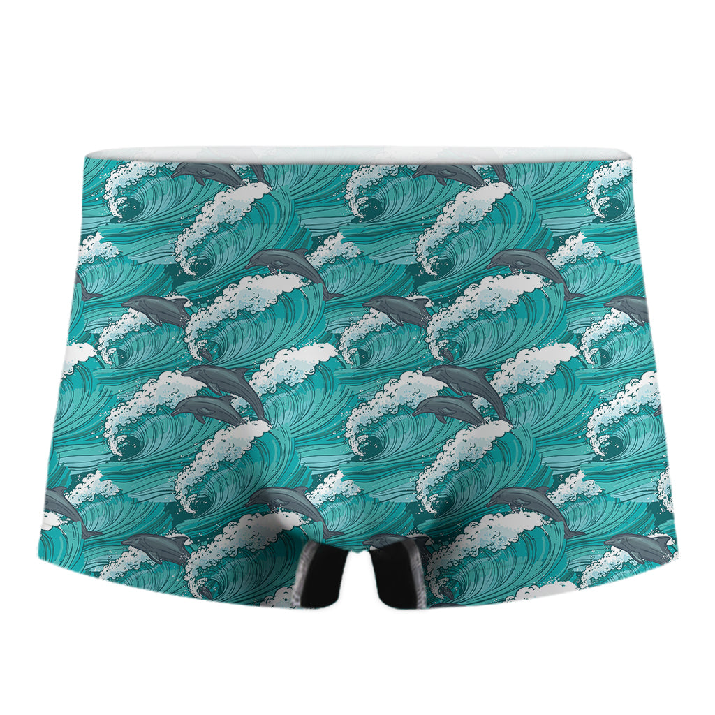 Dolphin Riding Waves Pattern Print Men's Boxer Briefs