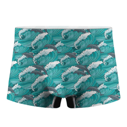 Dolphin Riding Waves Pattern Print Men's Boxer Briefs