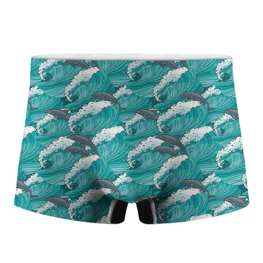 Dolphin Riding Waves Pattern Print Men's Boxer Briefs