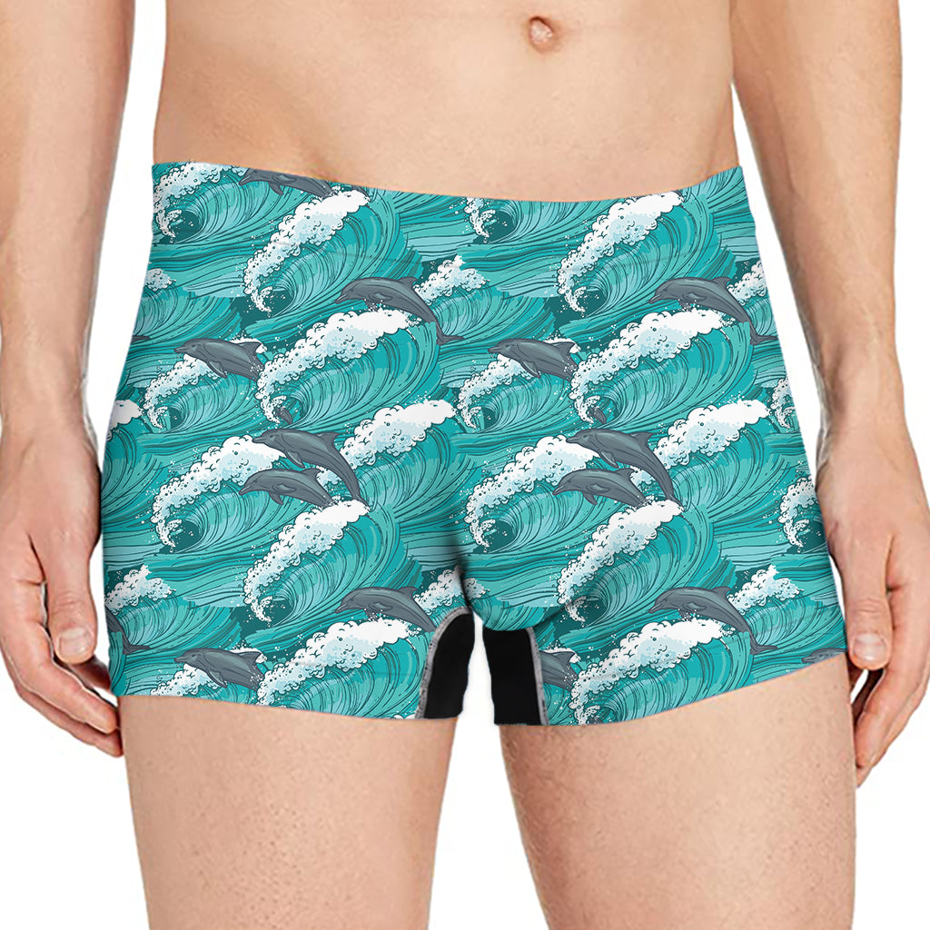 Dolphin Riding Waves Pattern Print Men's Boxer Briefs