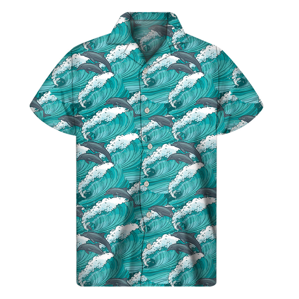 Dolphin Riding Waves Pattern Print Men's Short Sleeve Shirt