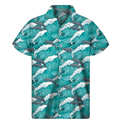 Dolphin Riding Waves Pattern Print Men's Short Sleeve Shirt
