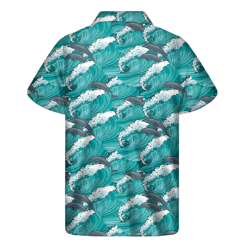 Dolphin Riding Waves Pattern Print Men's Short Sleeve Shirt