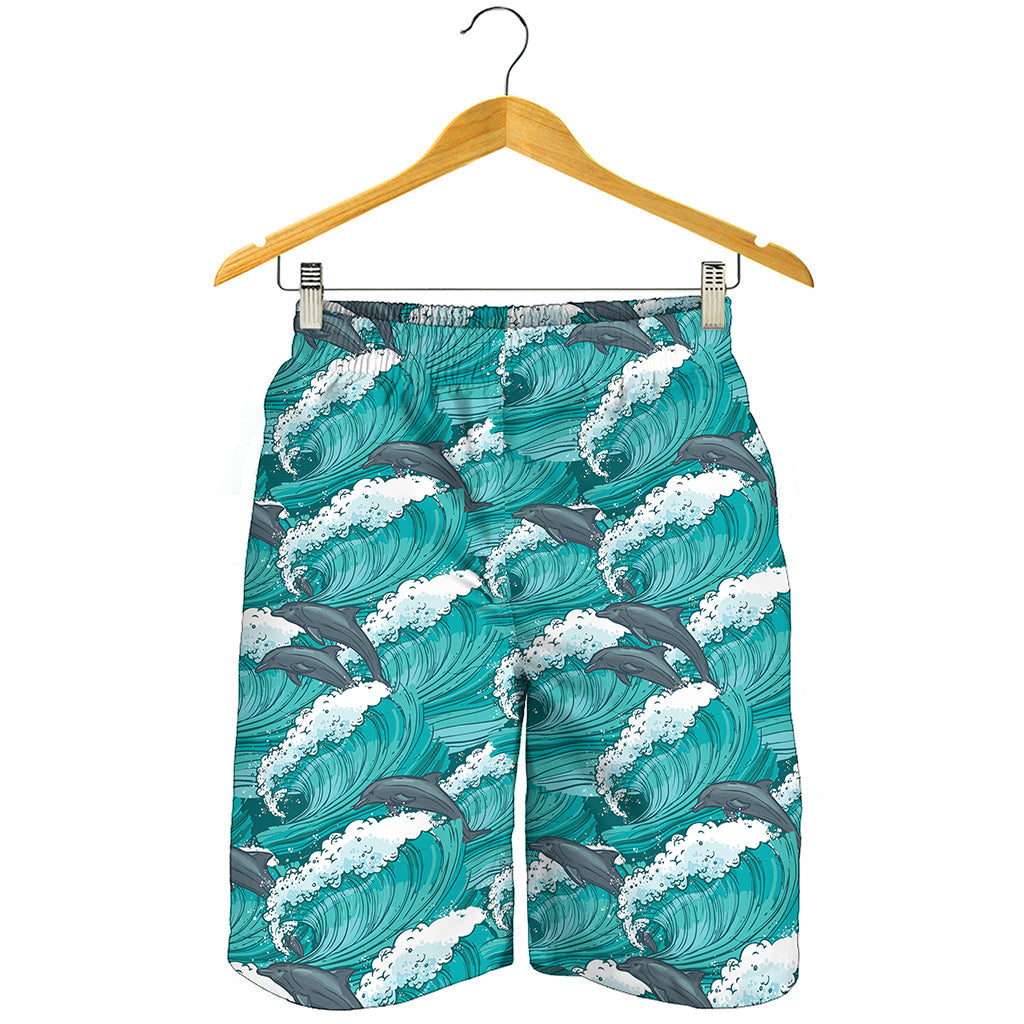 Dolphin Riding Waves Pattern Print Men's Shorts