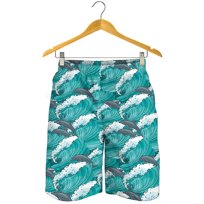 Dolphin Riding Waves Pattern Print Men's Shorts