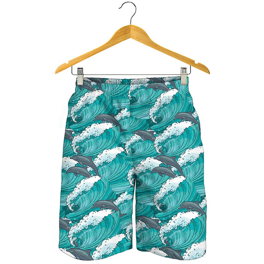 Dolphin Riding Waves Pattern Print Men's Shorts