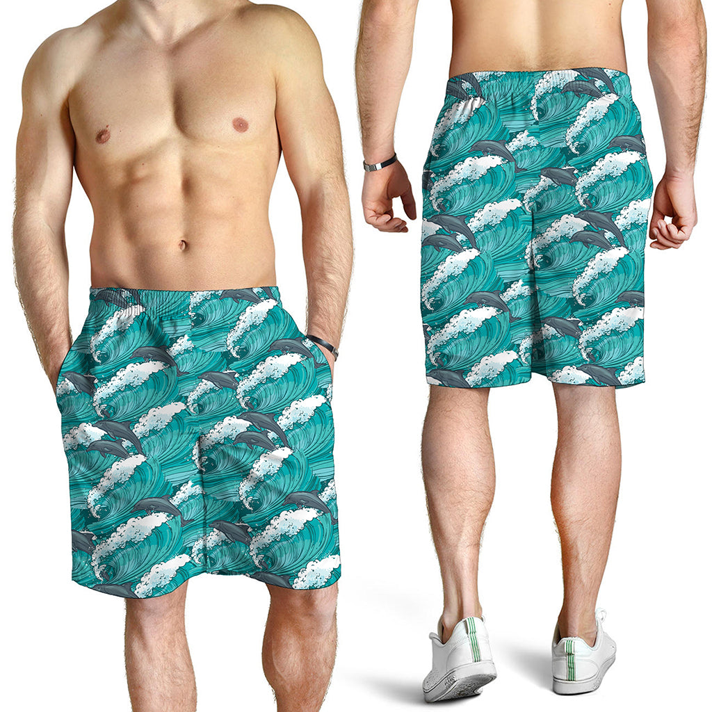 Dolphin Riding Waves Pattern Print Men's Shorts
