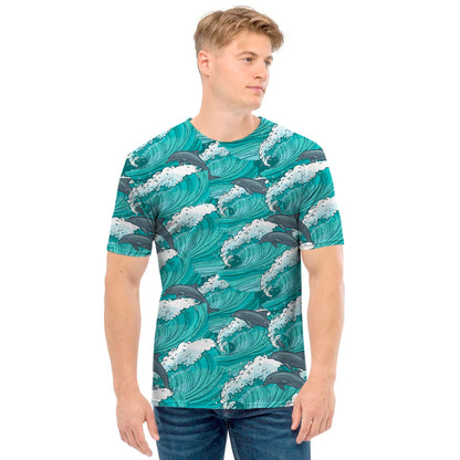 Dolphin Riding Waves Pattern Print Men's T-Shirt
