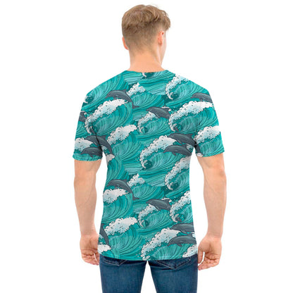 Dolphin Riding Waves Pattern Print Men's T-Shirt