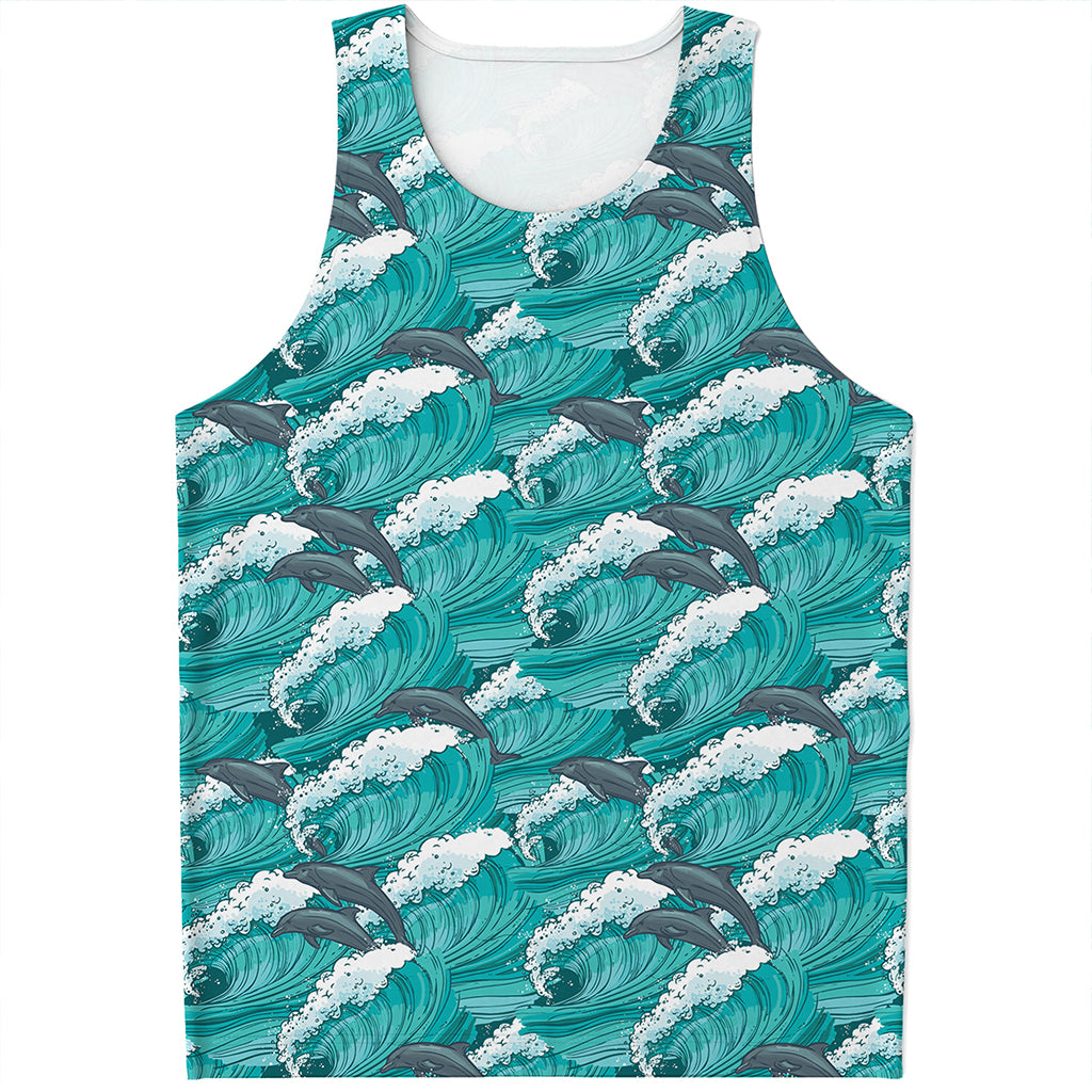 Dolphin Riding Waves Pattern Print Men's Tank Top