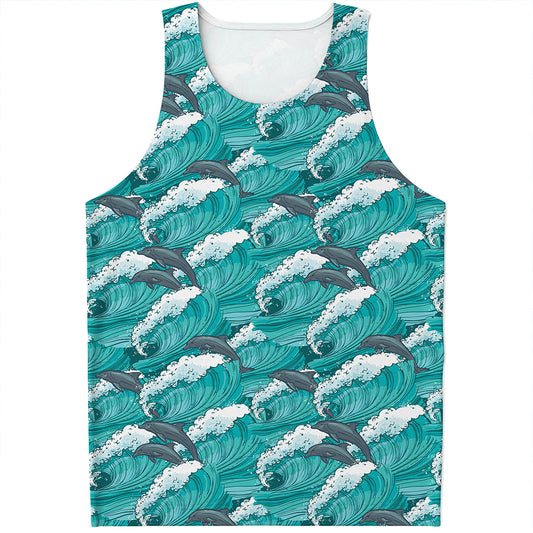 Dolphin Riding Waves Pattern Print Men's Tank Top