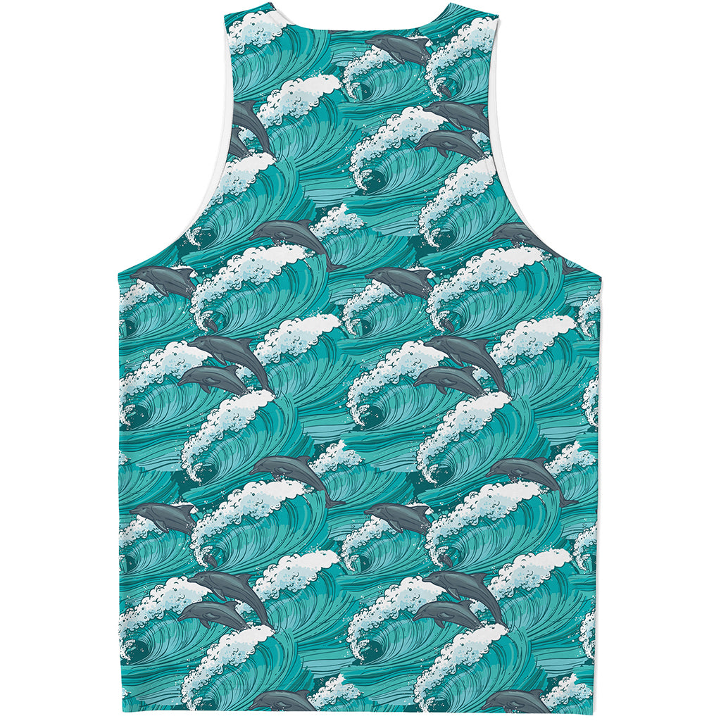 Dolphin Riding Waves Pattern Print Men's Tank Top