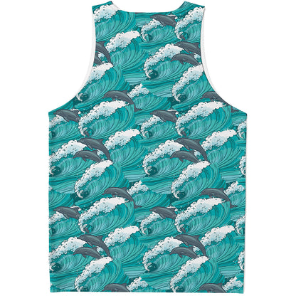 Dolphin Riding Waves Pattern Print Men's Tank Top